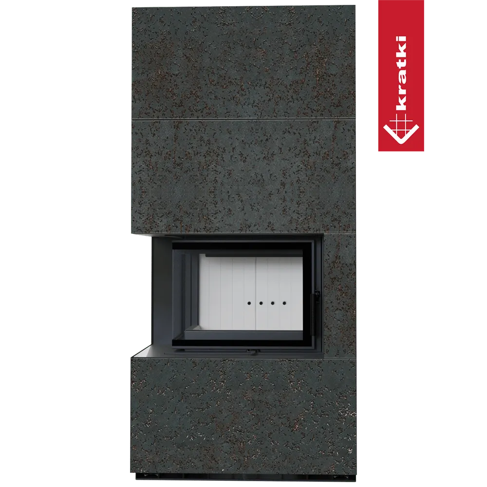 Kratki Floki S 8 kW Links, moderne hoekhaard met roestige afwerking en glazen deur.