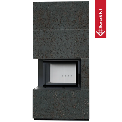 Kratki Floki S 8 kW Links, moderne hoekhaard met roestige afwerking en glazen deur.