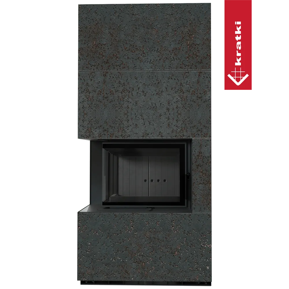 Kratki Floki S 8 kW Links, moderne hoekhaard met roestige afwerking en glazen deur links.