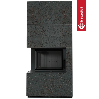 Kratki Floki S 8 kW Links, moderne hoekhaard met roestige afwerking en glazen deur links.