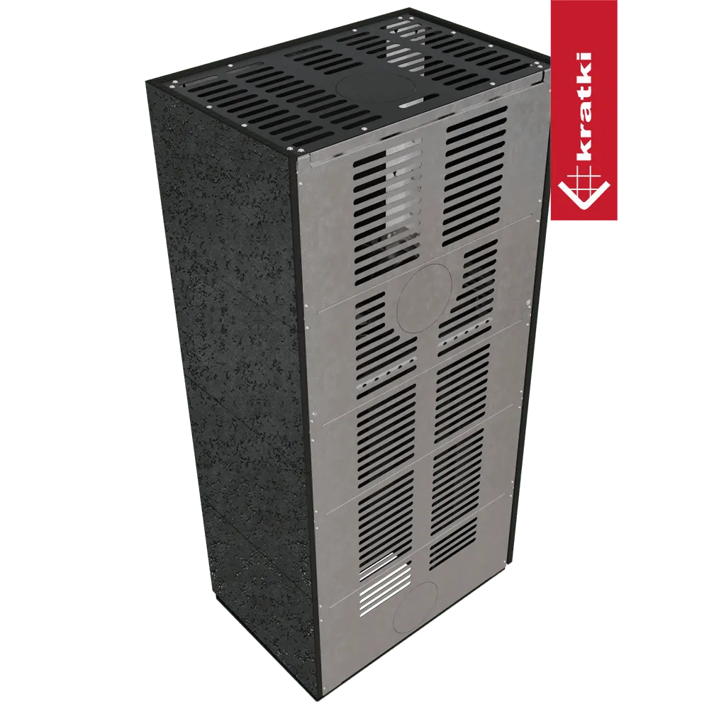 Kratki Floki S 8 kW Links, zwarte metalen kachel met geventileerde voorkant en bovenkant.