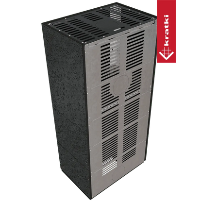Kratki Floki S 8 kW Links, zwarte metalen kachel met geventileerde voorkant en bovenkant.