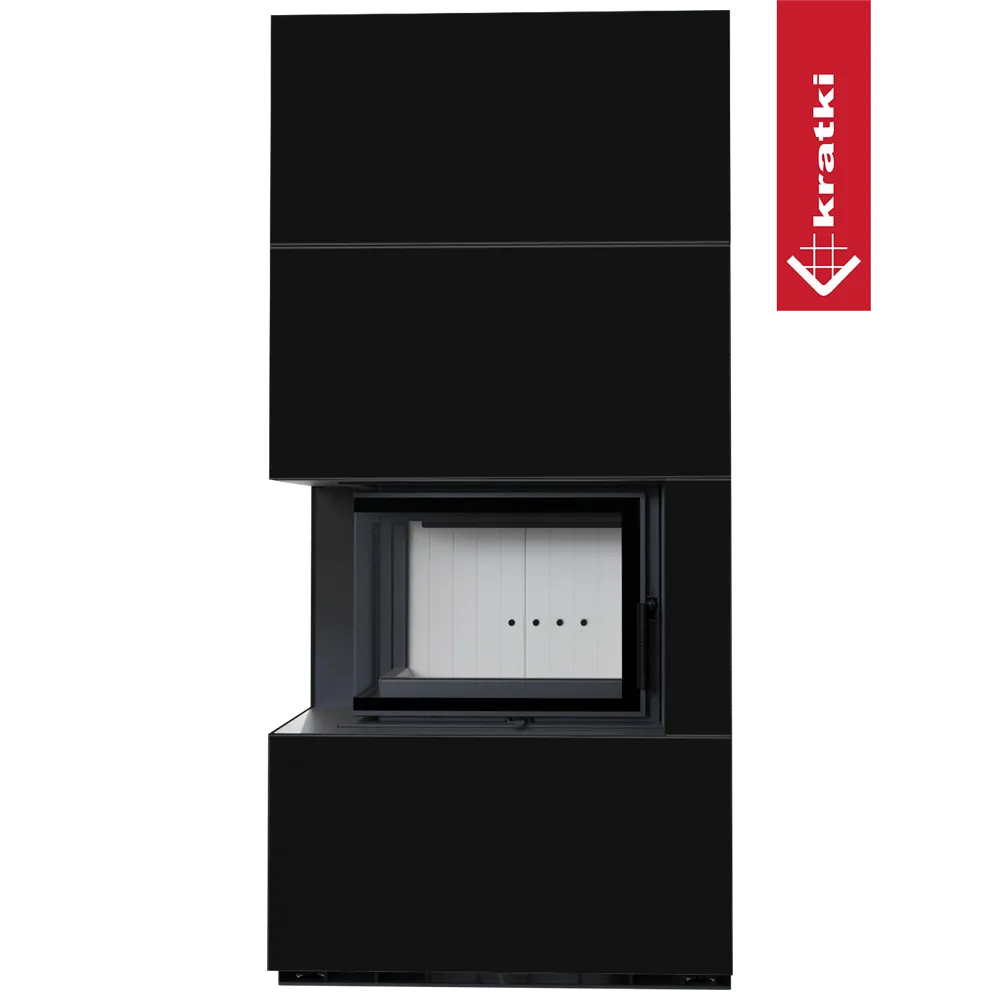 Kratki Floki S 8 kW Links, moderne zwarte houtkachel met glazen deur en strak design.