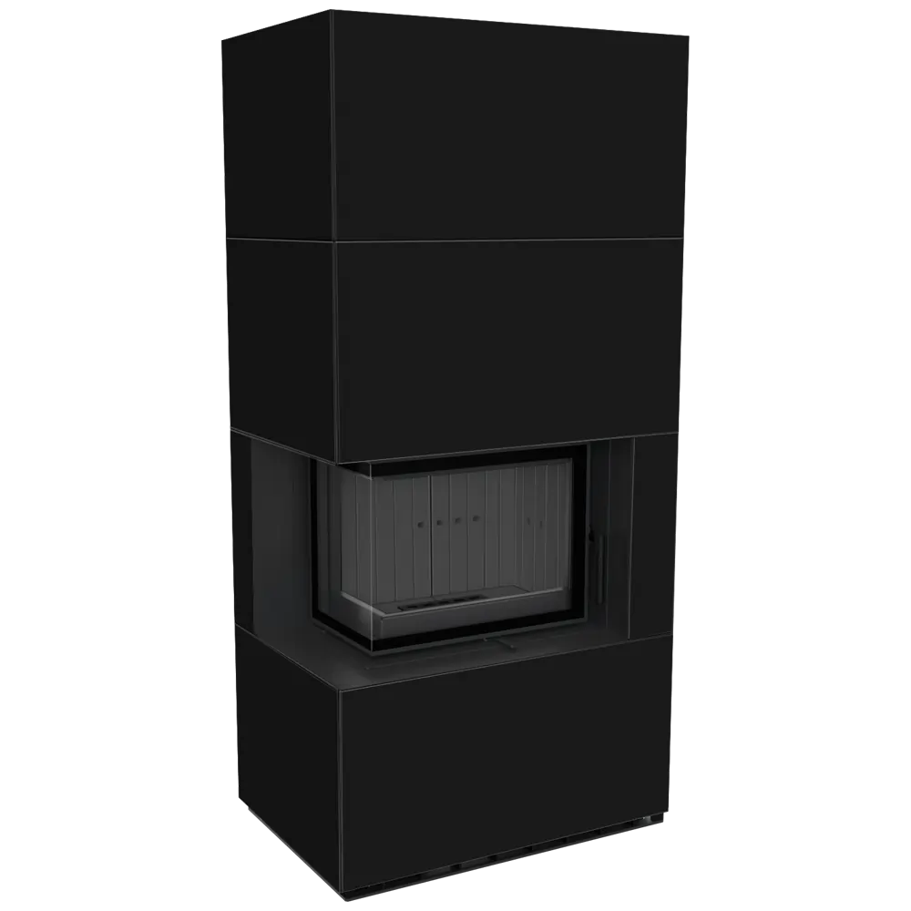Kratki Floki Box Links zwarte haard met frontglas op groene achtergrond