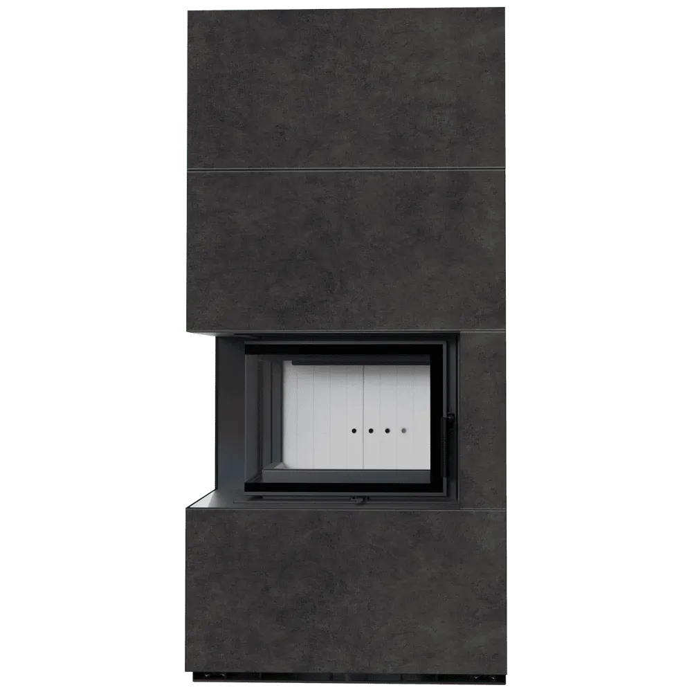 Moderne Kratki Floki S 8 kW Links haard met strakke, donkere afwerking en glazen deur.