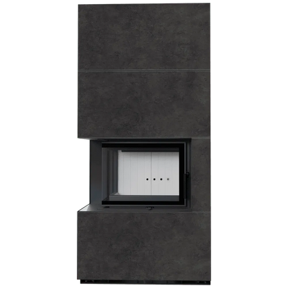 Moderne Kratki Floki S 8 kW Links haard met strakke, donkere afwerking en glazen deur.