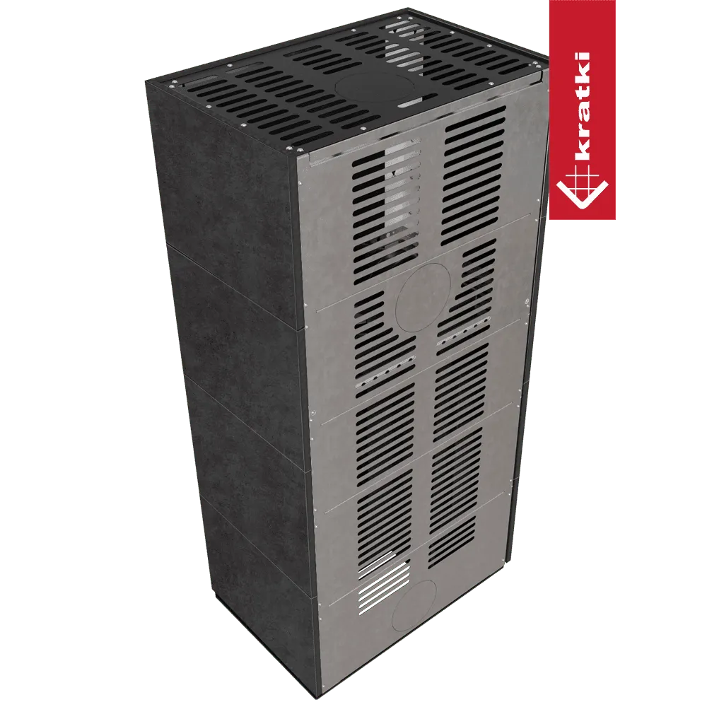 Kratki Floki S 8 kW Links, moderne grijze kachel met ventilatieroosters en strak design.
