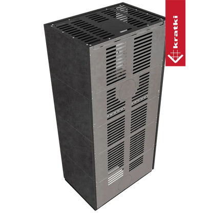 Kratki Floki S 8 kW Links, moderne grijze kachel met ventilatieroosters en strak design.