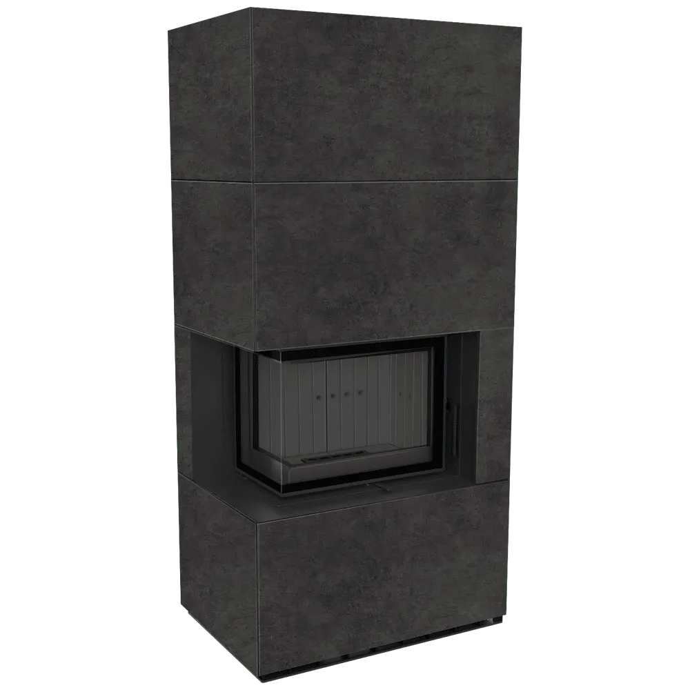 Kratki Floki S 8 kW Links, moderne zwarte haard met hoekglas en strakke afwerking.