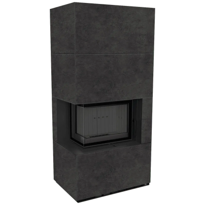 Kratki Floki S 8 kW Links, moderne zwarte haard met hoekglas en strakke afwerking.