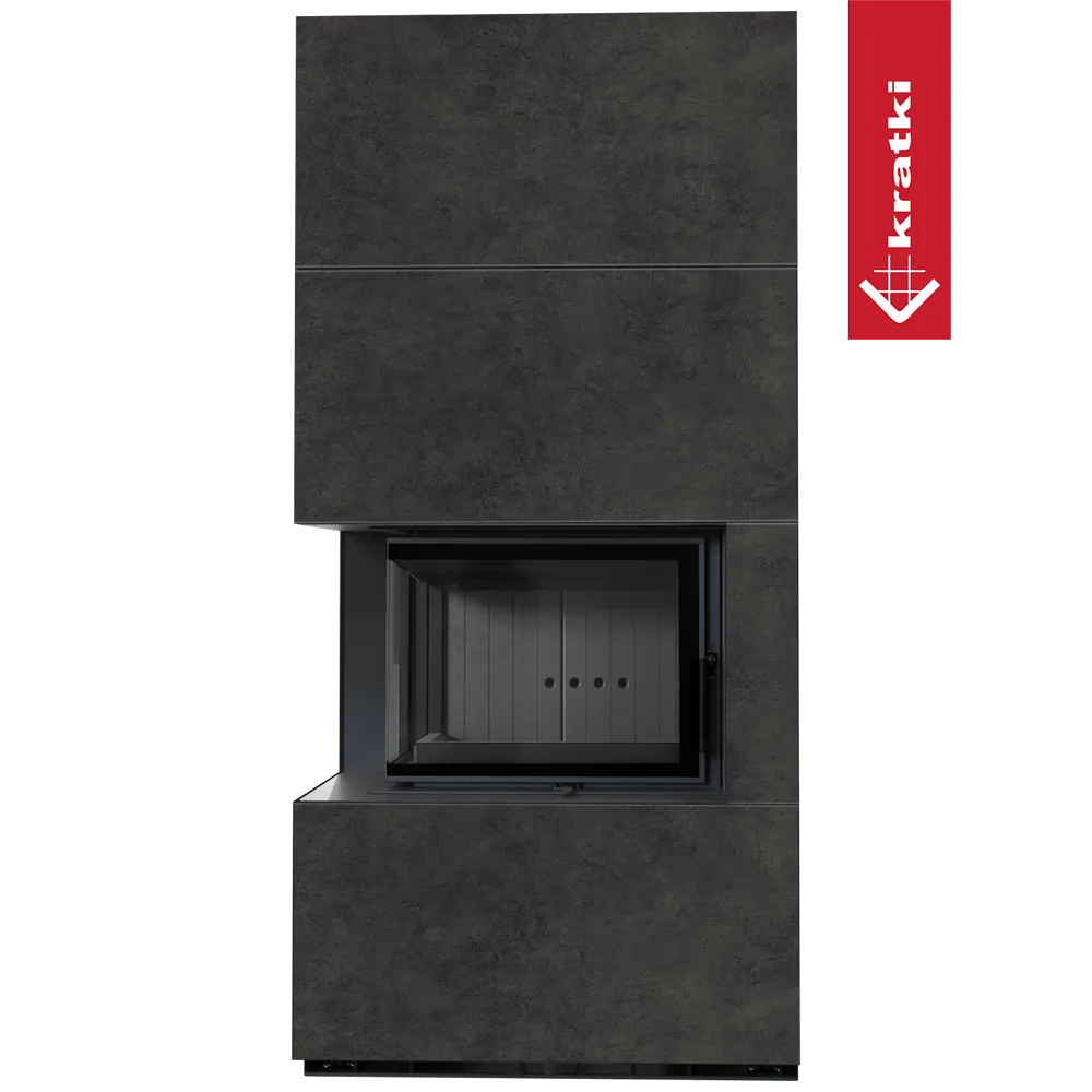 Kratki Floki S 8 kW Links, moderne zwarte haard met strakke lijnen en glazen deur.