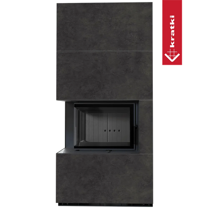 Kratki Floki S 8 kW Links, moderne zwarte haard met strakke lijnen en glazen deur.