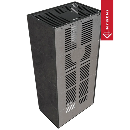 Kratki Floki S 8 kW Links, moderne grijze kachel met ventilatieroosters en strak design.