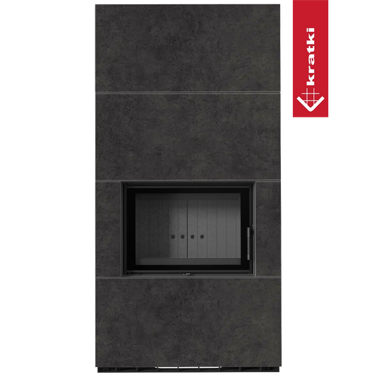 Kratki Floki Box inbouwhaard met donkere afwerking en glazen deur
