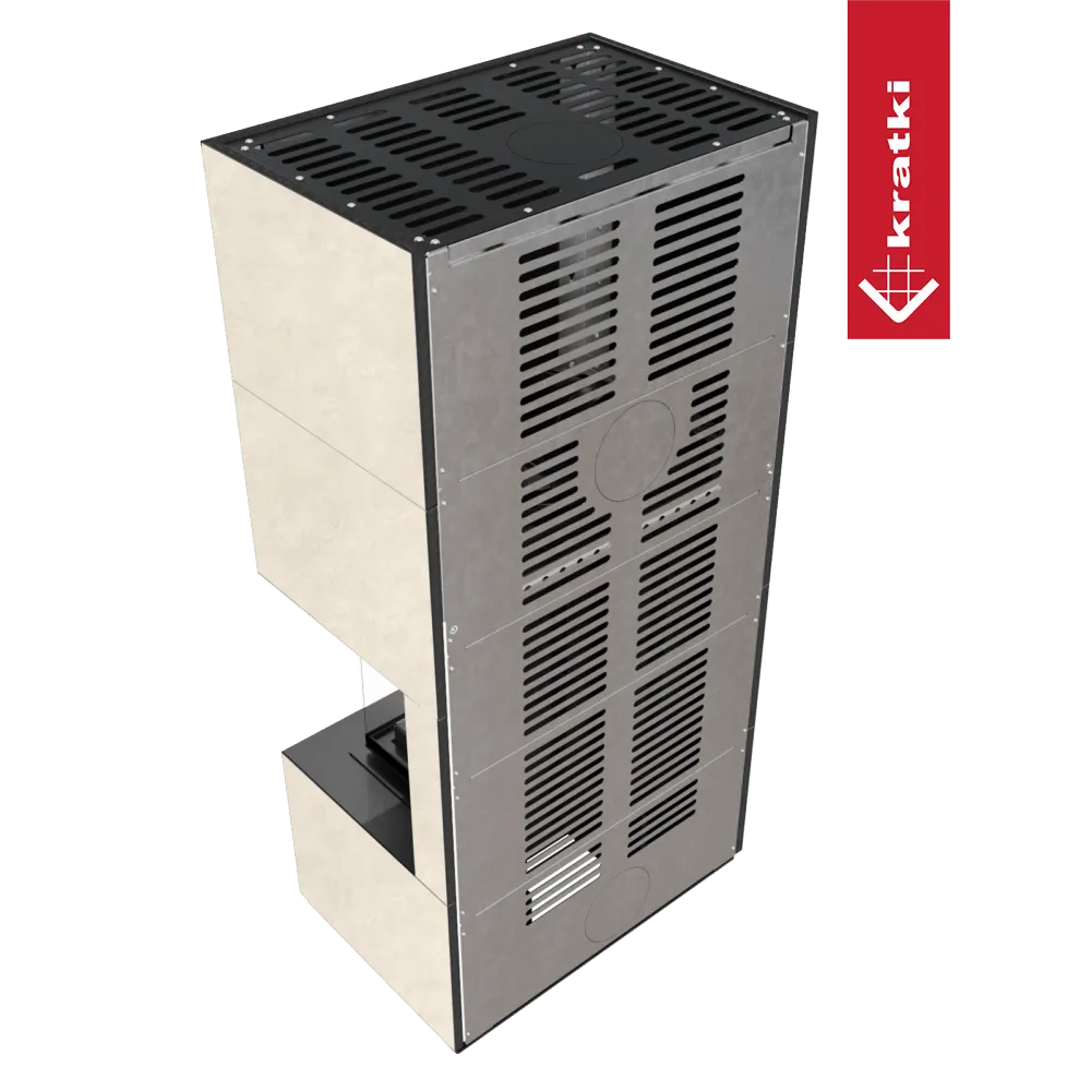 Kratki Floki S 8 kW Rechts, moderne houtkachel met ventilatierooster en beige zijpanelen.