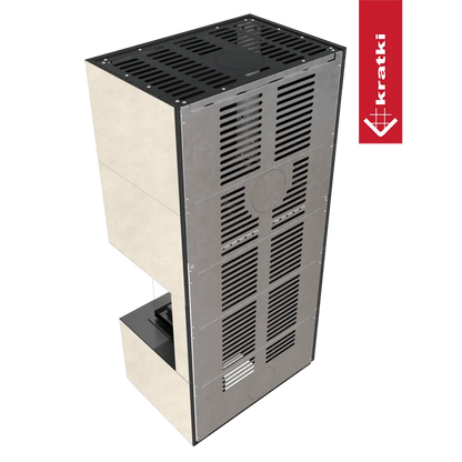 Kratki Floki S 8 kW Rechts, moderne houtkachel met ventilatierooster en beige zijpanelen.