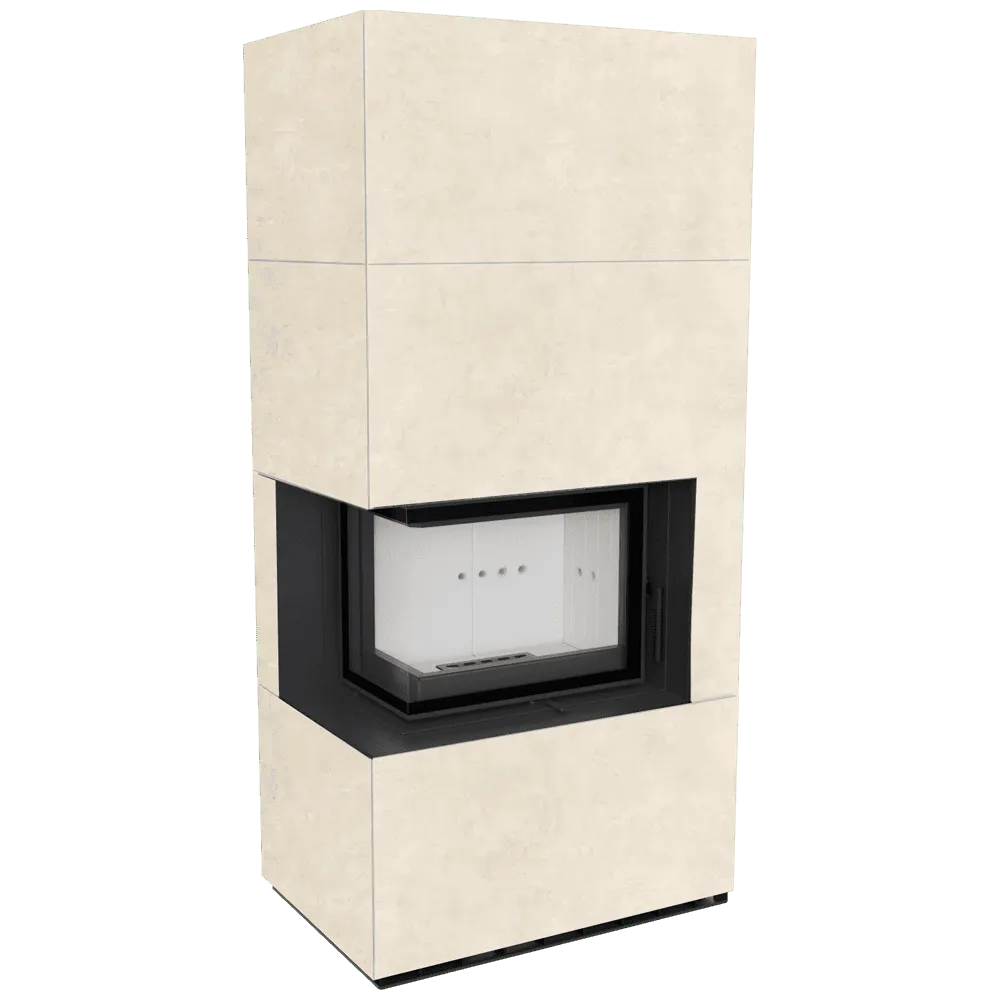 Kratki Floki S 8 kW Links, moderne hoekhaard met beige omkasting en glazen deur.