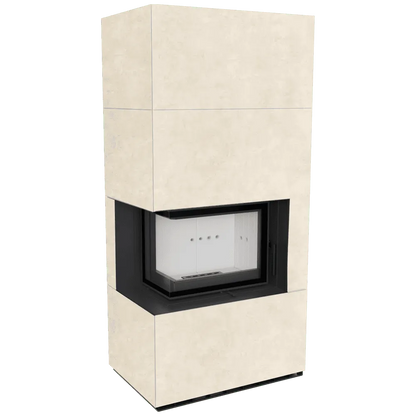Kratki Floki S 8 kW Links, moderne hoekhaard met beige omkasting en glazen deur.