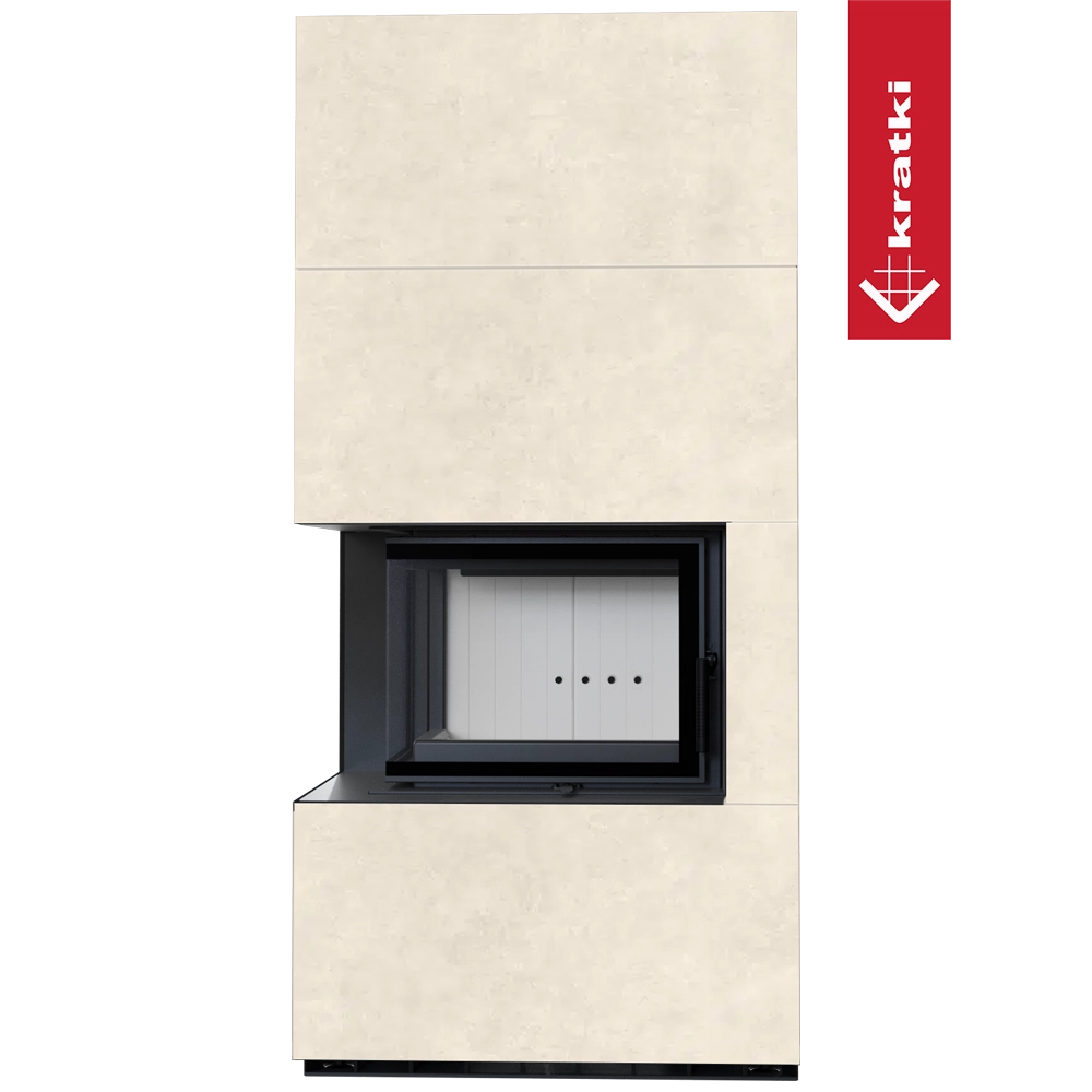 Kratki Floki Box Links ingebouwde haard met beige bekleding en zwart glasraam