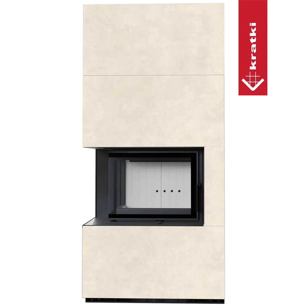 Kratki Floki S 8 kW Links, moderne hoekhaard met strakke, beige omkasting.