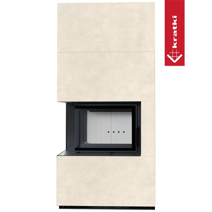 Kratki Floki S 8 kW Links, moderne hoekhaard met strakke, beige omkasting.