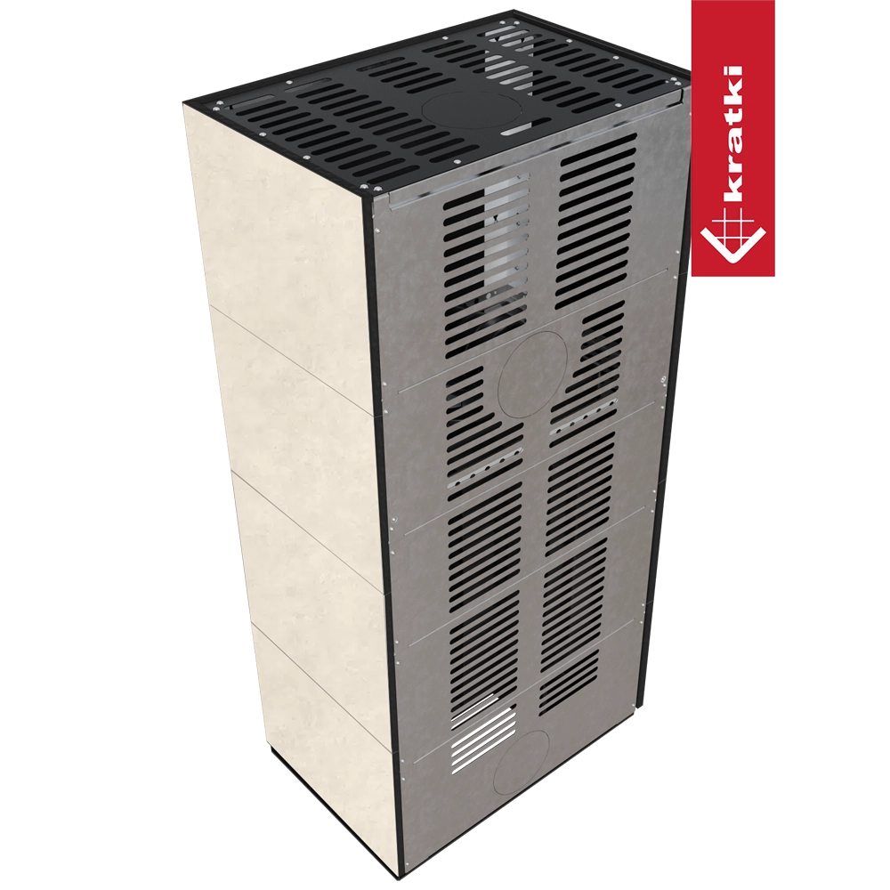 Kratki Floki Box Links, grijze metalen haardkachel met ventilatieopeningen