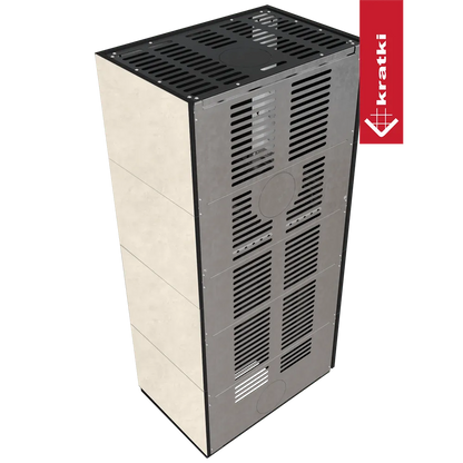 Kratki Floki S 8 kW Links, moderne vrijstaande kachel met metalen rooster en beige zijpanelen.