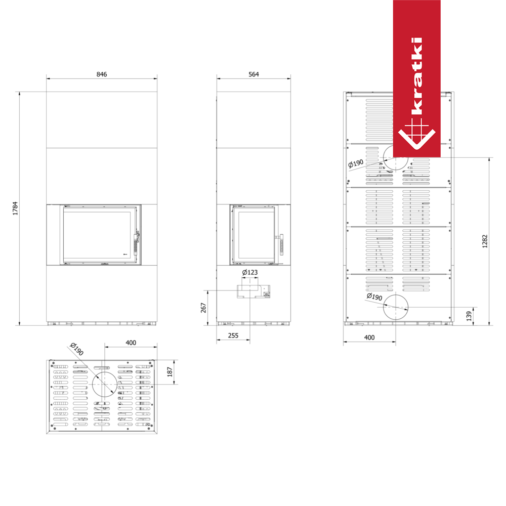 Kratki Floki S 8 kW Links haard met een modern, hoekig ontwerp en glazen deur.