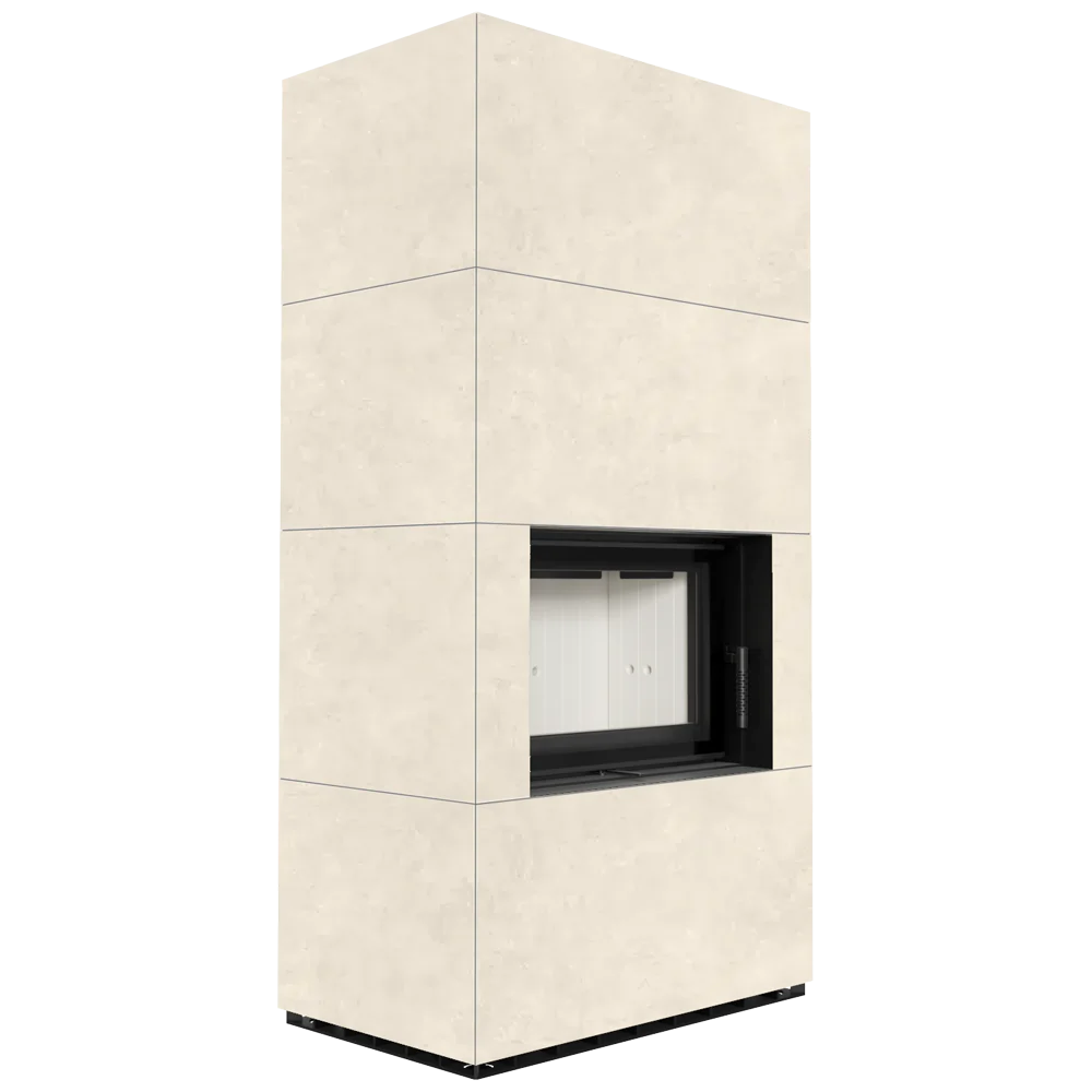 Kratki Floki Box ingebouwde haard in beige bekleding, tegen groene achtergrond