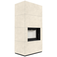 Kratki Floki Box ingebouwde haard in beige bekleding, tegen groene achtergrond