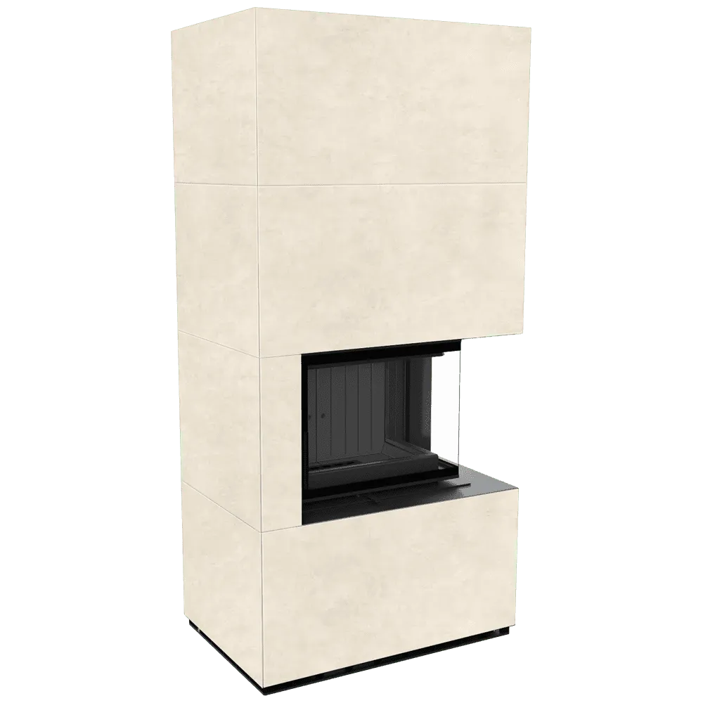Kratki Floki S 8 kW Rechts, moderne hoekhaard met beige omkasting en glazen zijpaneel.
