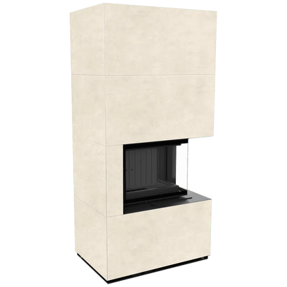 Kratki Floki S 8 kW Rechts, moderne hoekhaard met beige omkasting en glazen zijpaneel.