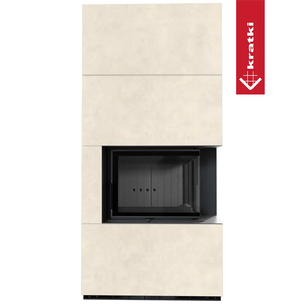 Kratki Floki S 8 kW Rechts, moderne beige haard met zwart glazen deur.