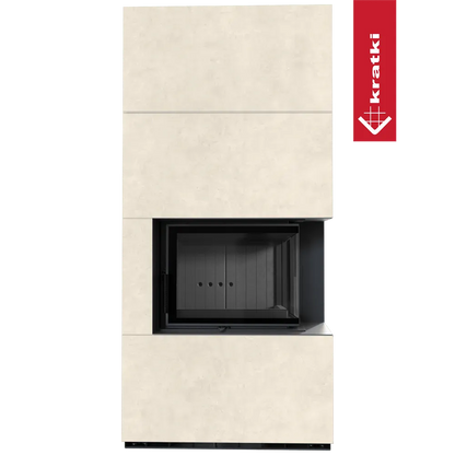 Kratki Floki S 8 kW Rechts, moderne beige haard met zwart glazen deur.