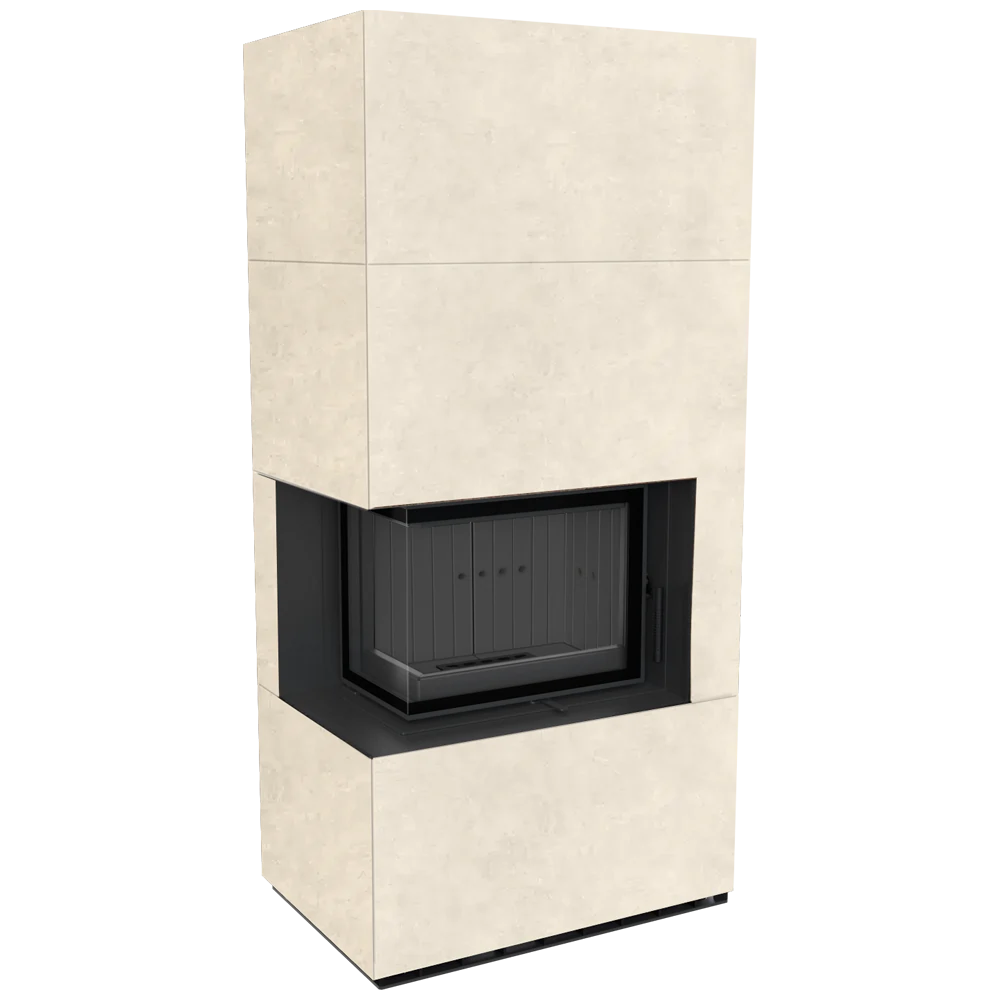 Kratki Floki Box Links haard in beige bekleding, frontaanzicht