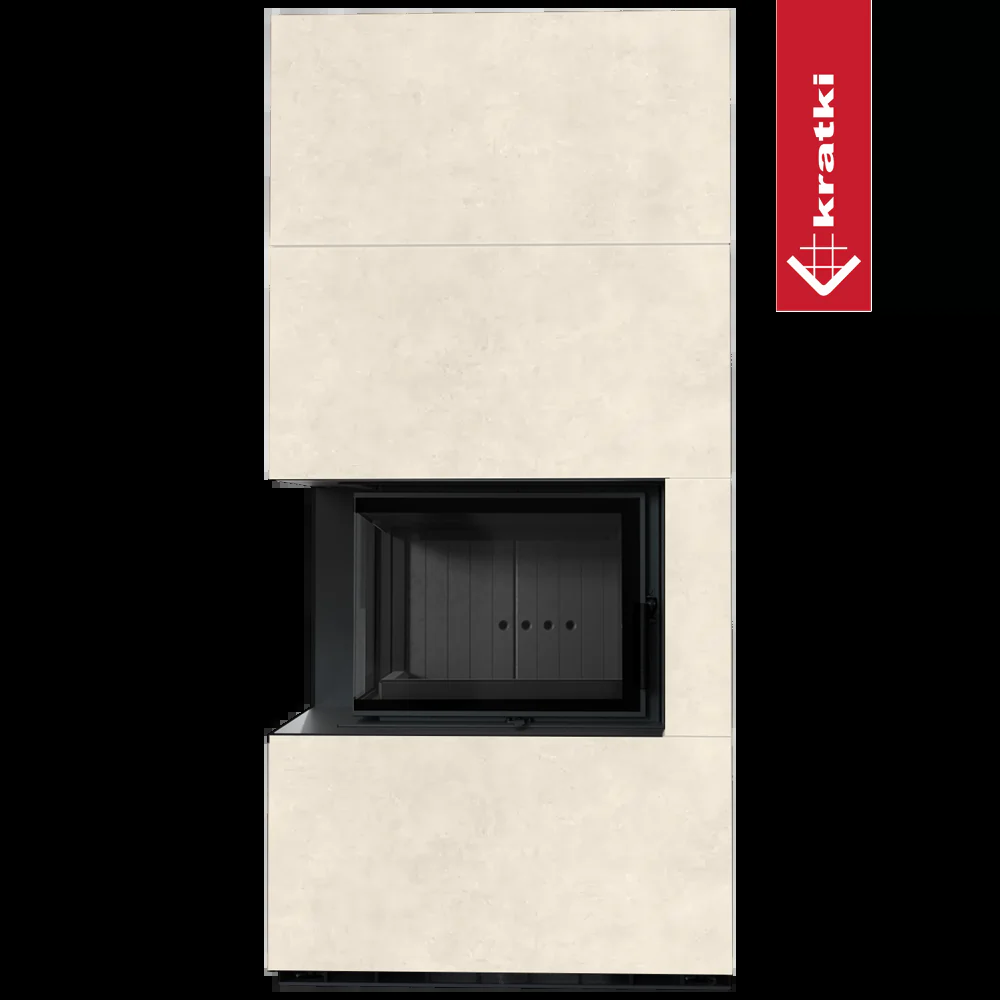 Kratki Floki Box Links haard met beige bekleding en zwart glasvenster