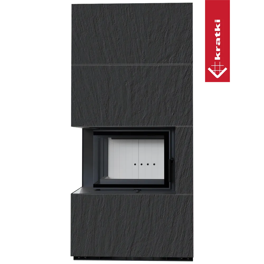 Kratki Floki S 8 kW Links, moderne zwarte haard met strakke lijnen en minimalistisch ontwerp.