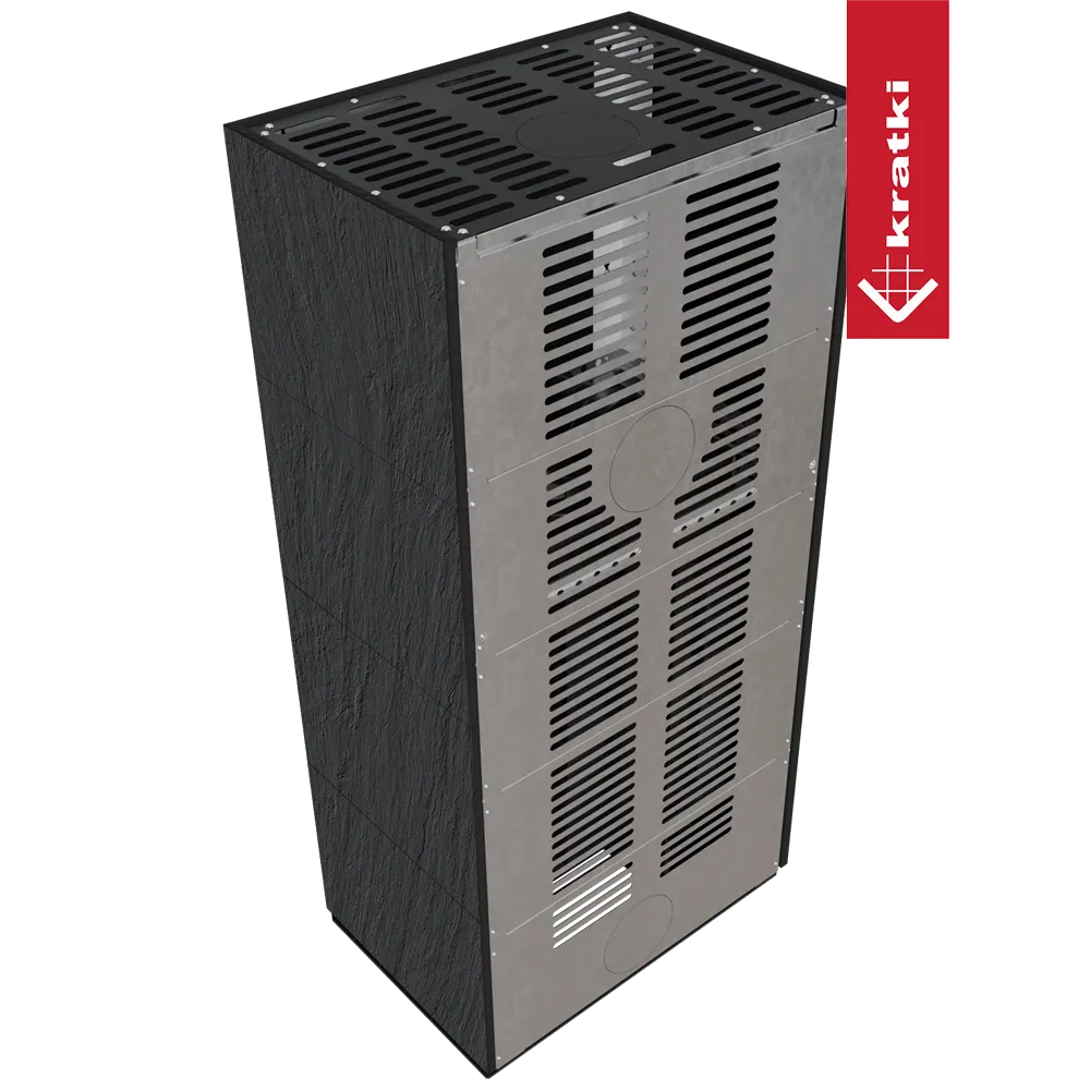 Kratki Floki S 8 kW Links, moderne zwarte houtkachel met metalen ventilatieroosters.
