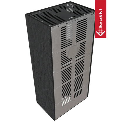 Kratki Floki S 8 kW Links, moderne zwarte houtkachel met metalen ventilatieroosters.