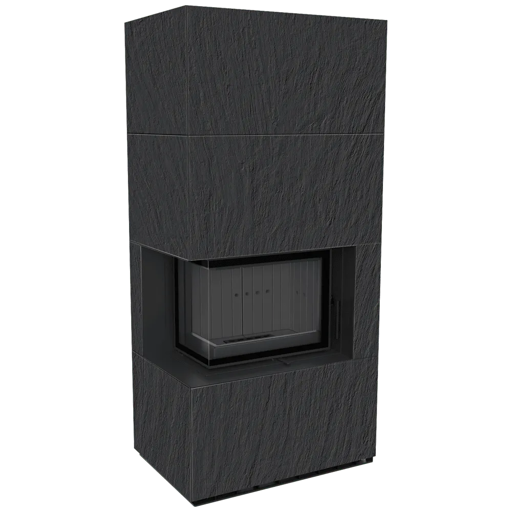 Zwarte Kratki Floki S 8 kW Links haard met moderne, strakke afwerking en glazen deur.