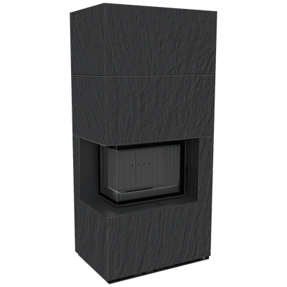 Zwarte Kratki Floki S 8 kW Links haard met moderne, strakke afwerking en glazen deur.