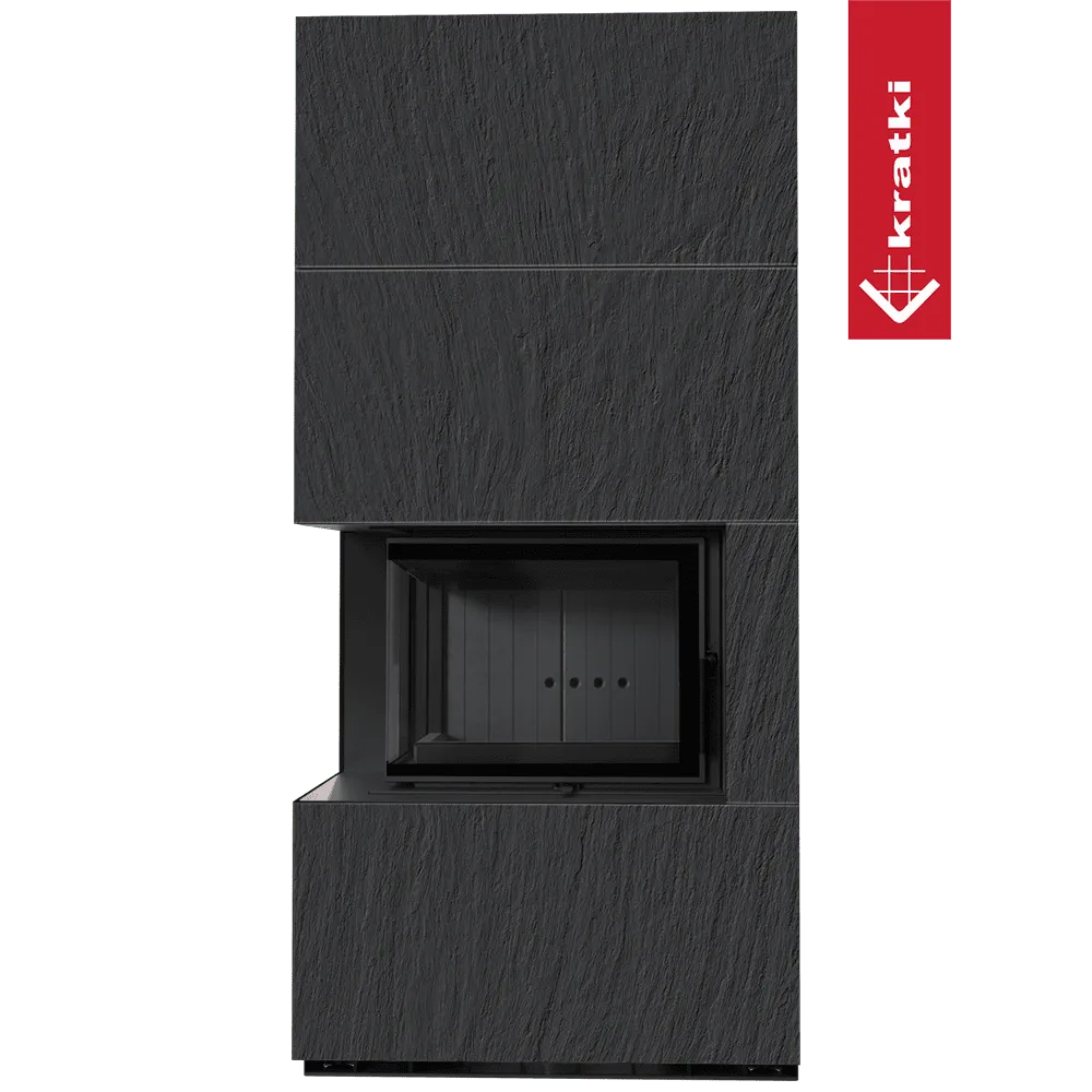 Kratki Floki S 8 kW Links, moderne zwarte houtkachel met strakke lijnen en minimalistisch ontwerp.