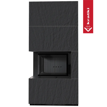 Kratki Floki S 8 kW Links, moderne zwarte houtkachel met strakke lijnen en minimalistisch ontwerp.