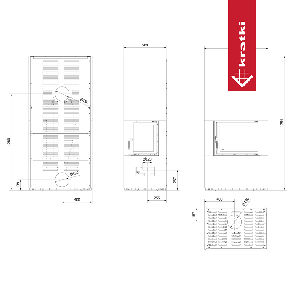 Kratki Floki S 8 kW Rechts, zwart, met glazen deur en rode Kratki-logo.