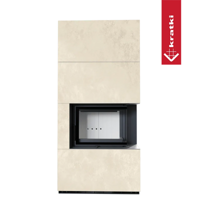 Kratki Floki S 8 kW Rechts, moderne inbouwhaard met beige omkasting en glazen deur rechts.
