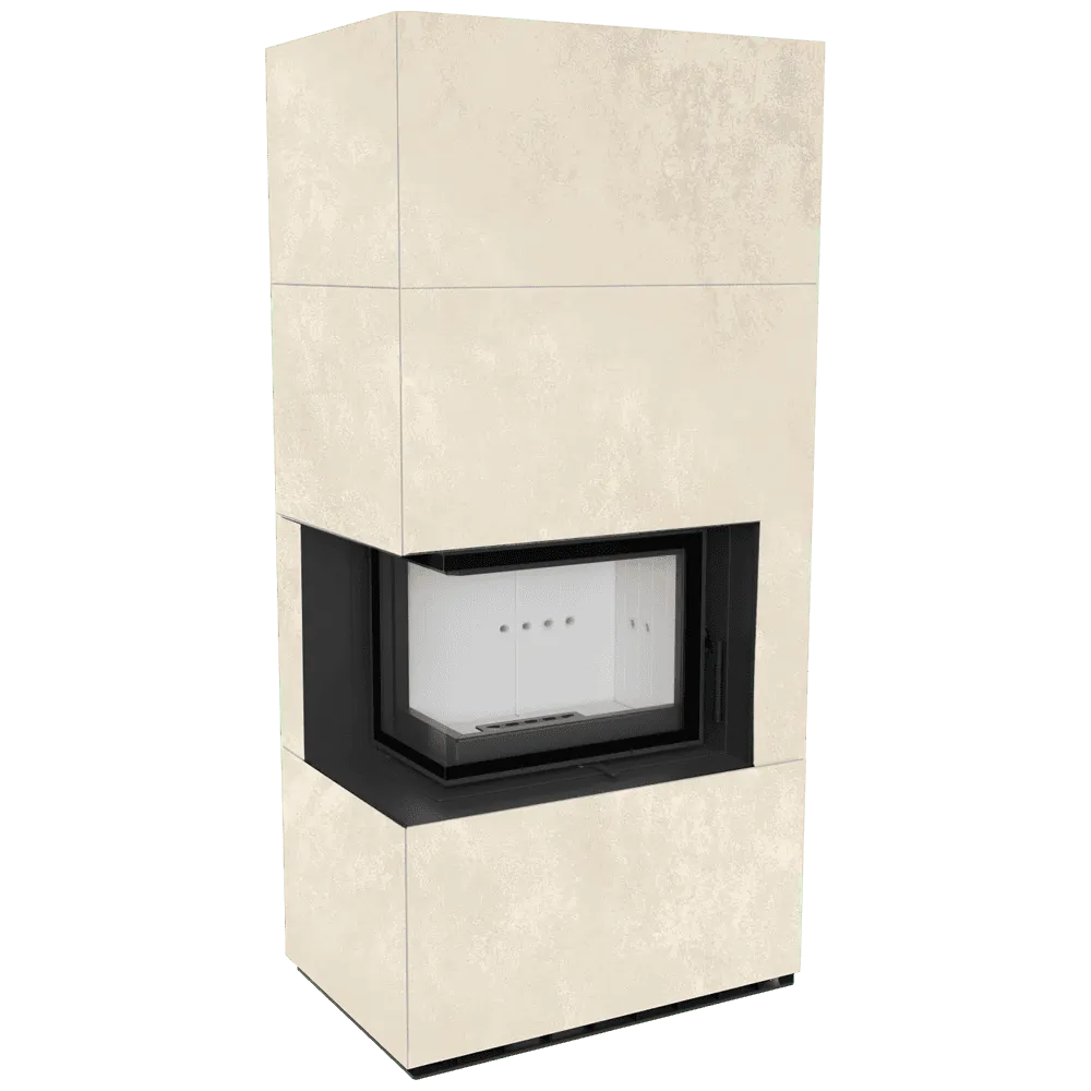 Kratki Floki S 8 kW Links, moderne hoekhaard met beige omkasting en glazen zijpaneel.