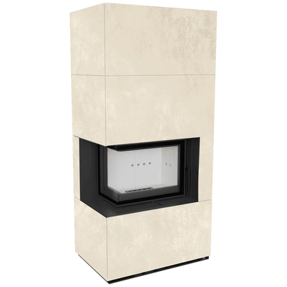 Kratki Floki S 8 kW Links, moderne hoekhaard met beige omkasting en glazen zijpaneel.