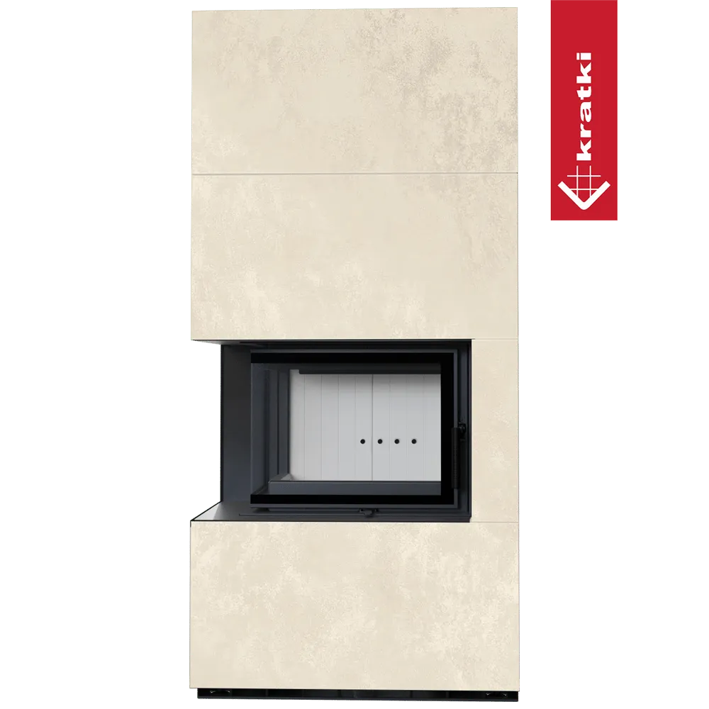 Kratki Floki S 8 kW Links, moderne hoekhaard met beige omkasting en zwart frame.