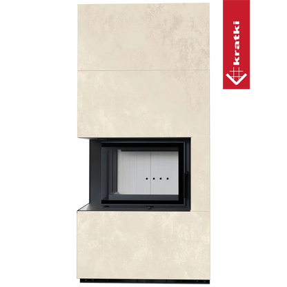 Kratki Floki S 8 kW Links, moderne hoekhaard met beige omkasting en zwart frame.