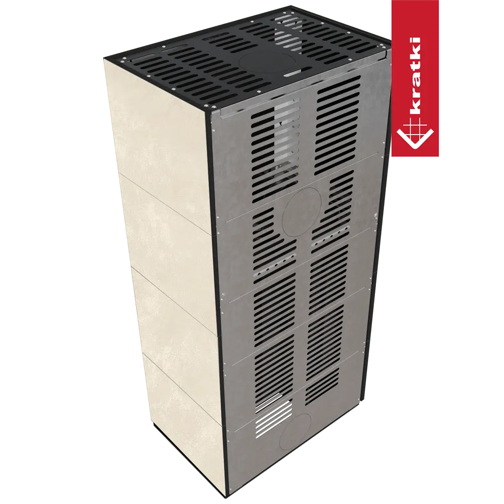 Kratki Floki S 8 kW Links, moderne vrijstaande kachel met metalen ventilatierooster en beige zijpanelen.